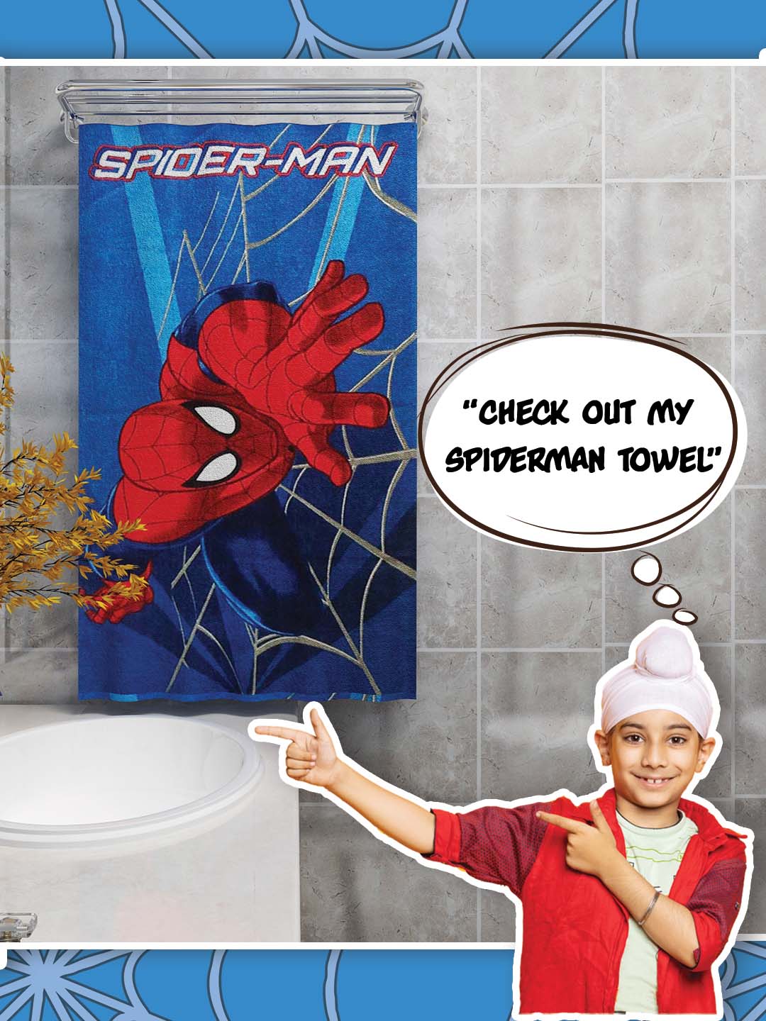 Athom Living Marvel Spiderman Blue Cotton Bath Towel for Kids – 350 GSM, 60x120 cm, premium absorbent fabric, soft & durable