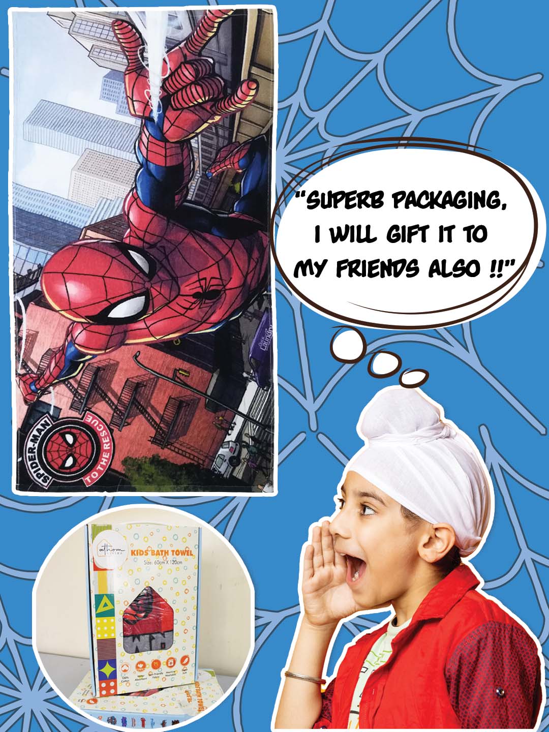 Athom Living Marvel Spiderman Cotton Bath Towel for Kids – Red superhero towel 60x120 cm, 350 GSM, lightweight, absorbent, durable cotton fabric.