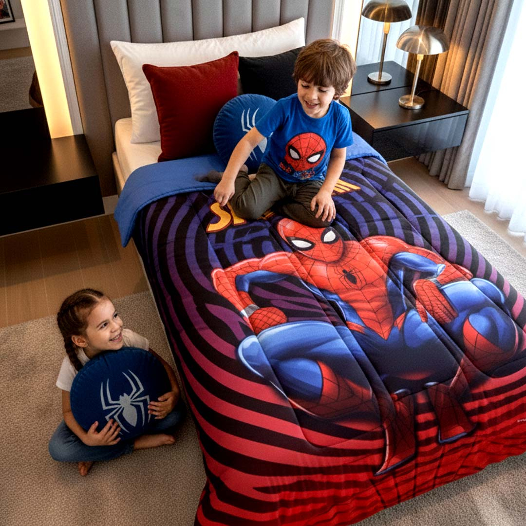 Athom Living Marvel Spiderman kids comforter and bath towel combo set designed for comfort and fun, made with skin-friendly material and bold colors, ideal for bedtime and bath routines with Comforter & Bath Towel.