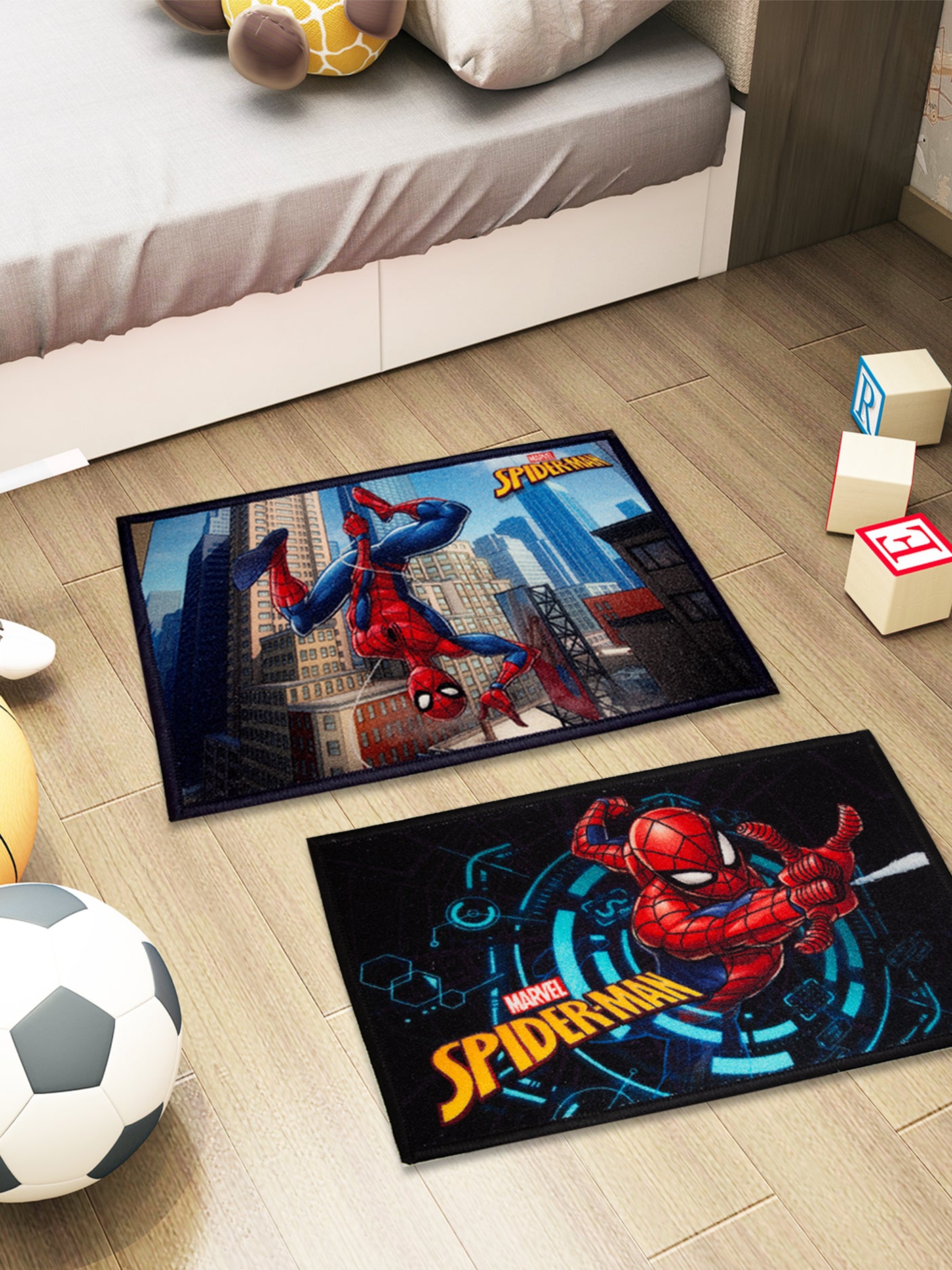 Athom Living Marvel Spiderman kids doormat combo pack of 2, premium nylon with latex backing, durable anti-skid design, size 37x57 cm, multicolor.