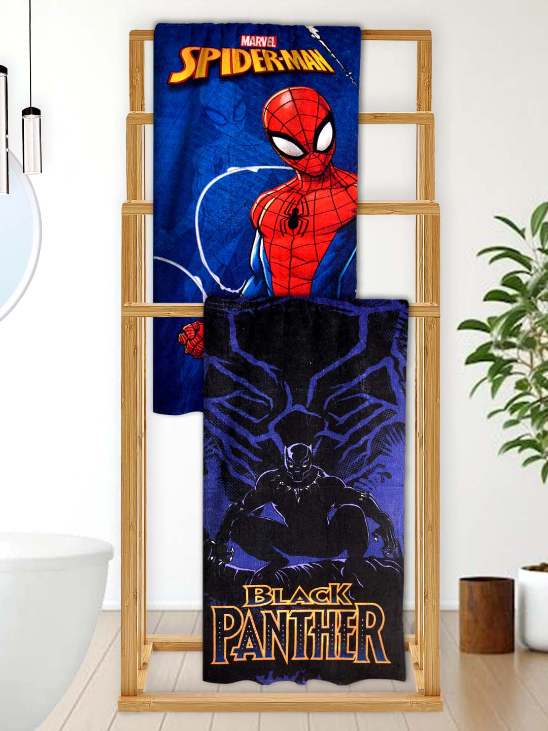 Athom Living Marvel Spiderman with Black Panther themed kids bath towel, 60x120cm, 350 GSM, soft & absorbent, multicolor, perfect for boys and girls, fun vibrant design, pack of 2.