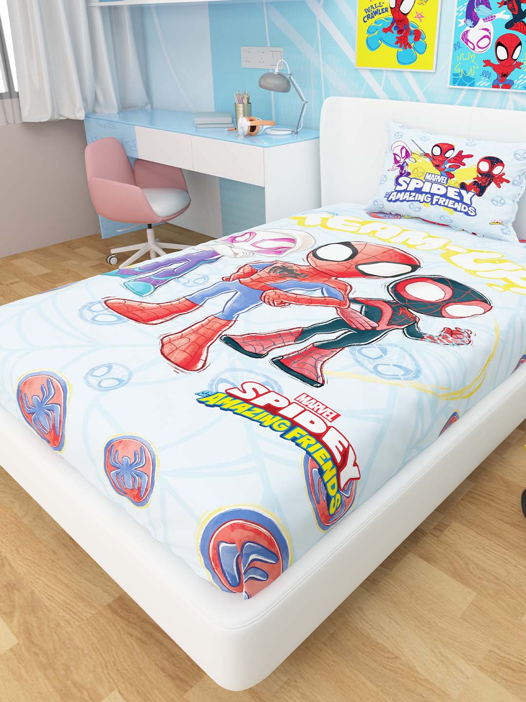 Athom Living Marvel Spidey Amazing Friends kids cotton single bedsheet featuring dynamic superhero artwork and a soft pillow cover, ideal for giving children’s rooms a playful and cozy look.