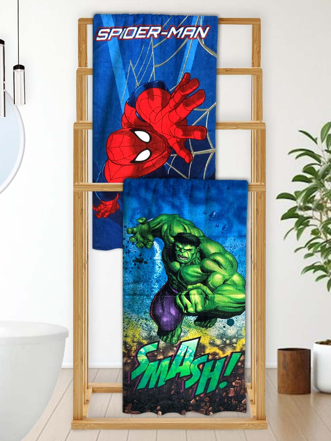 Athom Living Marvel The Hulk & Spiderman Kids Bath Towel 60x120 cm pack of two with vibrant superhero prints — soft cotton bath towel to make bath time fun and cozy for children after a bath.