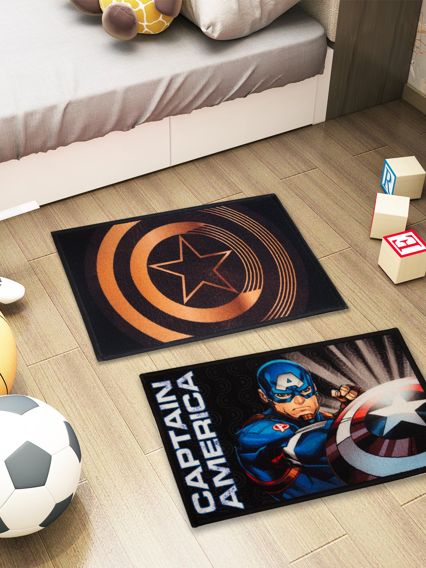 Athom Living Marvel kids doormat set with Captain America print in gold and black, anti-skid latex backing, pack of 2, size 37x57cm.
