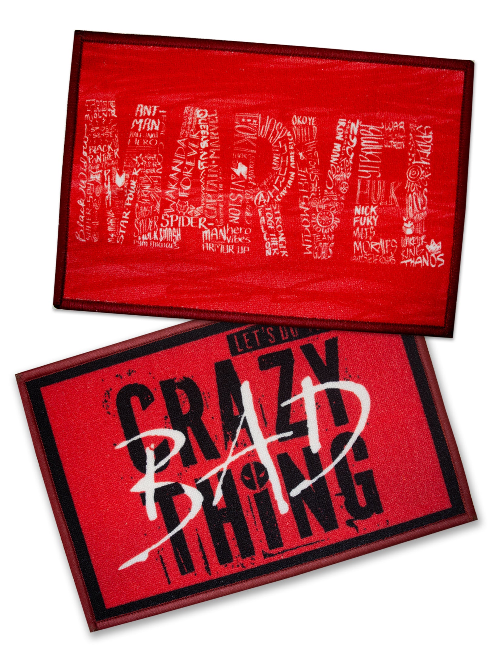 Athom Living Marvel printed kids doormat combo in red and black, 37x57 cm, premium nylon, latex backing, anti-skid, perfect for bedrooms and play areas.

