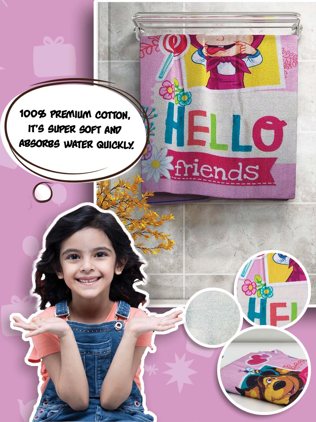 Athom Living Masha & The Bear kids bath towel – pink 350 GSM cotton, 60x120 cm, ultra-absorbent, soft fabric, ideal for children’s daily use.