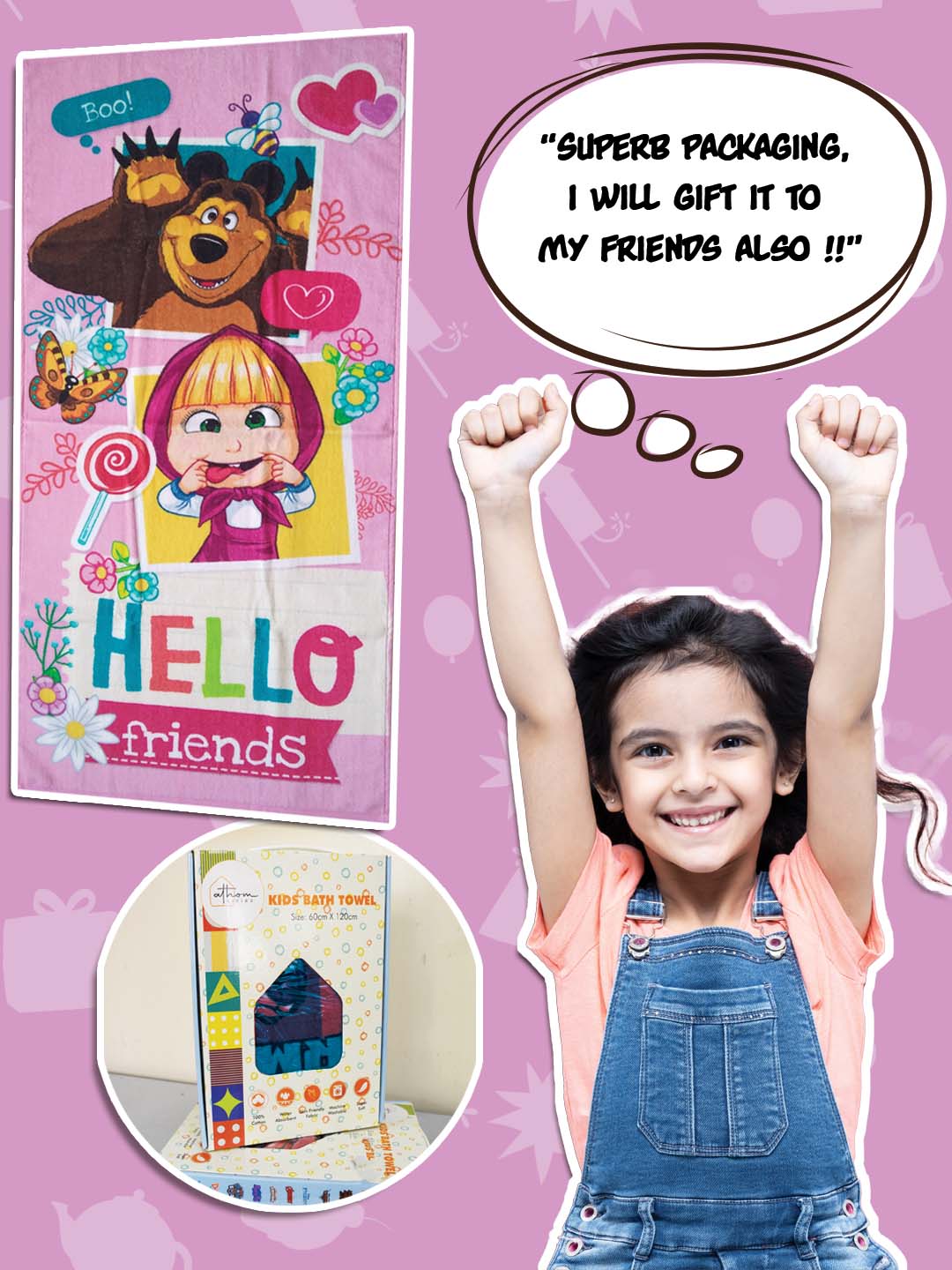 Athom Living Masha & The Bear kids bath towel – premium 350 GSM cotton, pink, 60x120 cm, soft absorbency and comfort for boys and girls.