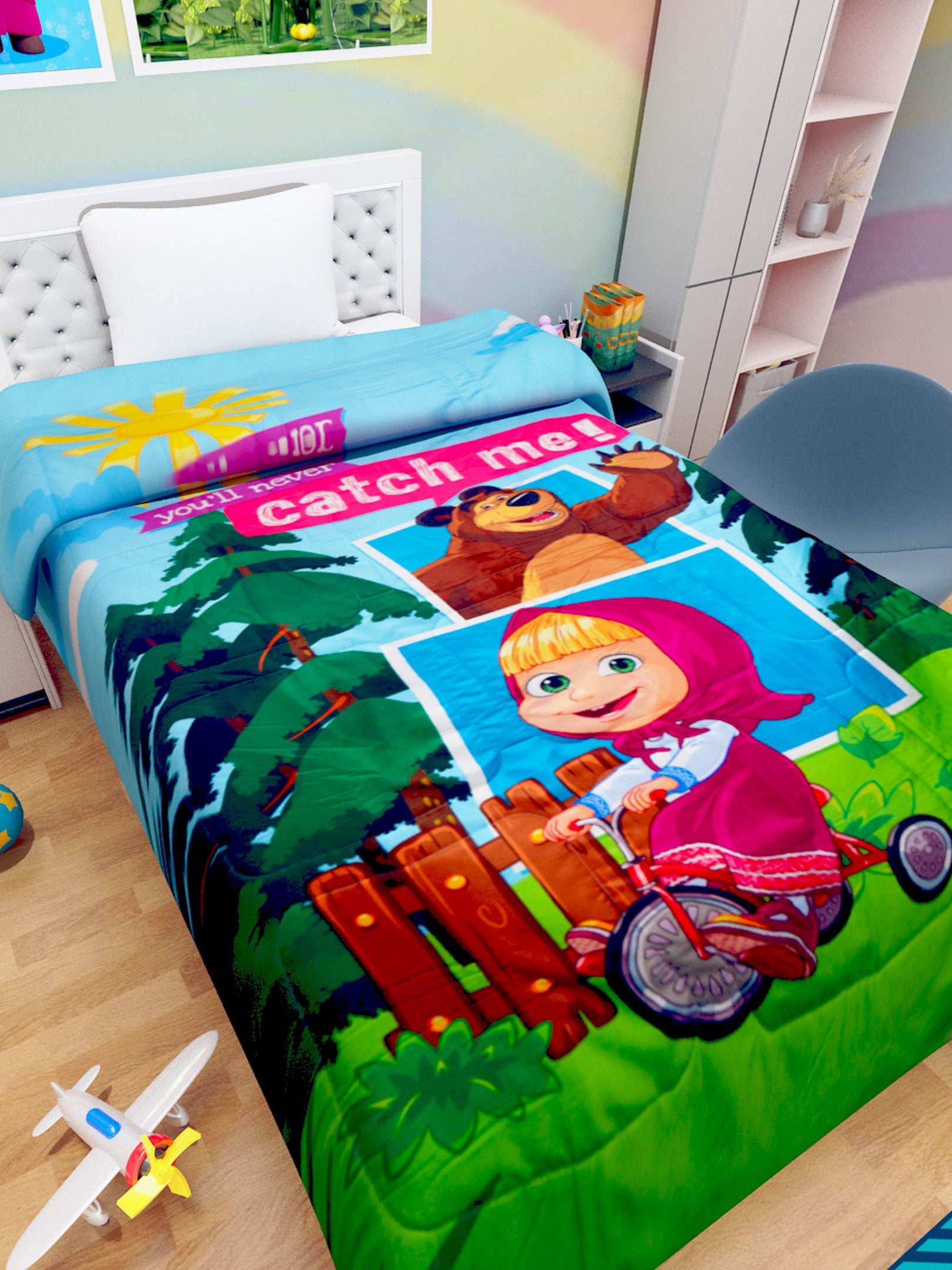 Athom Living Masha & The Bear kids comforter – Single size, fun “You Will Never Catch Me” print, soft polyester for ultimate comfort.