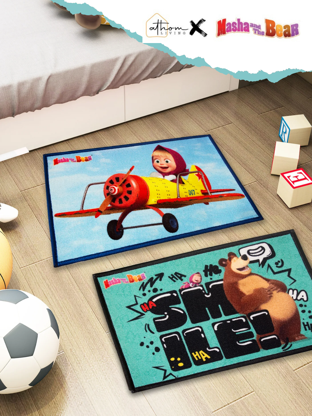 Athom Living Masha and The Bear Kids Doormat Set of 2, 37x57 cm – Premium Printed Nylon Door Mat with Anti-Skid Latex Backing, Perfect for Kids Room or Bathroom Décor.