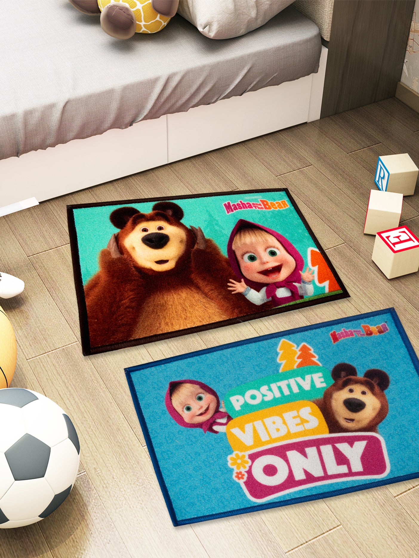 Athom Living Masha and The Bear Positive Vibes Only kids doormat combo, multicolored nylon mat with anti-skid latex backing, premium 37x57 cm set of 2.
