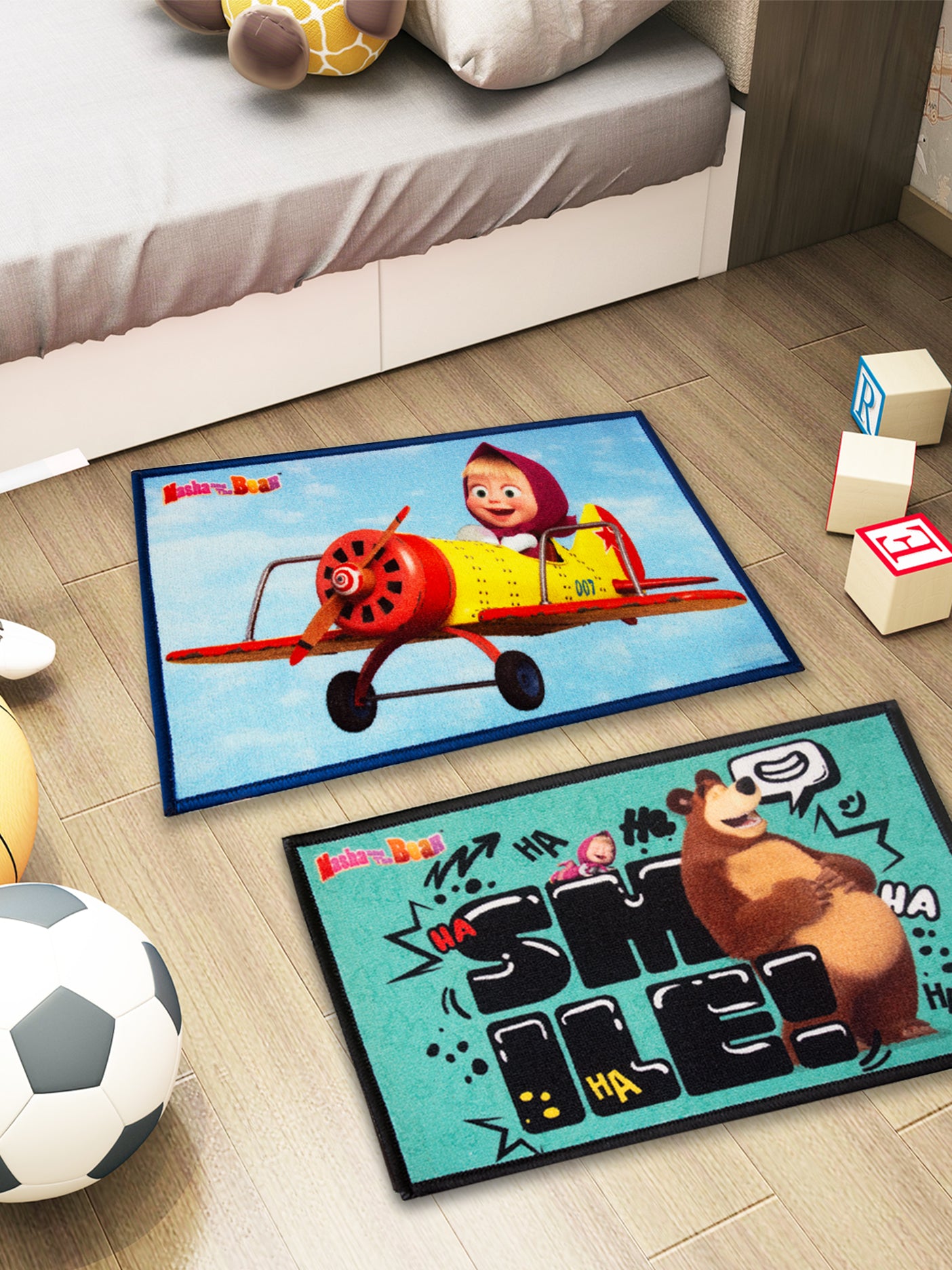 Athom Living Masha and The Bear Smile themed kids premium nylon doormat with latex backing, anti-skid design, multicolor, pack of 2, size 37x57 cm.
