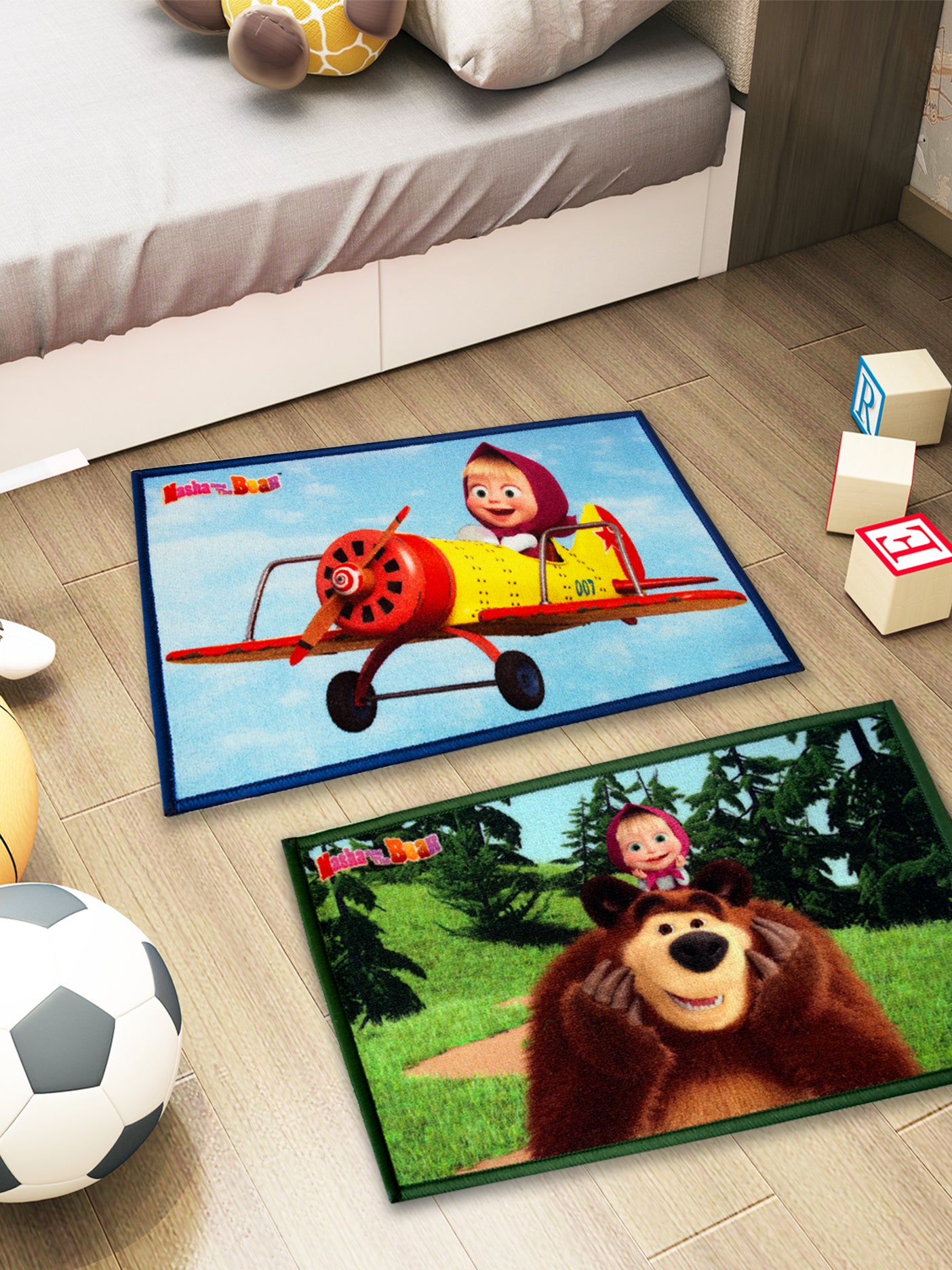 Athom Living Masha and The Bear digital printed kids doormat combo with latex backing, anti-skid design, premium nylon, 37x57 cm, multicolor pack of 2.
