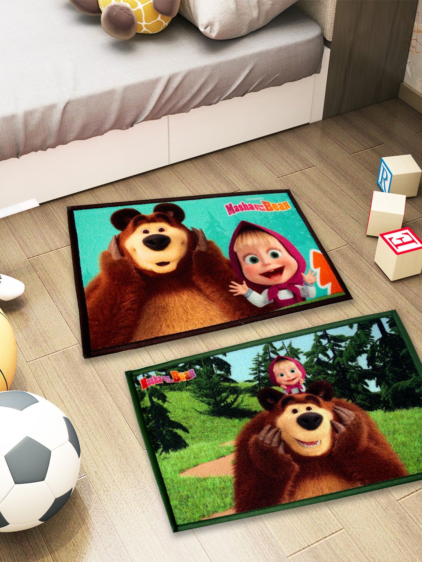 Athom Living Masha and The Bear kids doormat combo of 2, multicolor nylon, anti-skid latex backing, 37x57 cm premium kids room door mat
