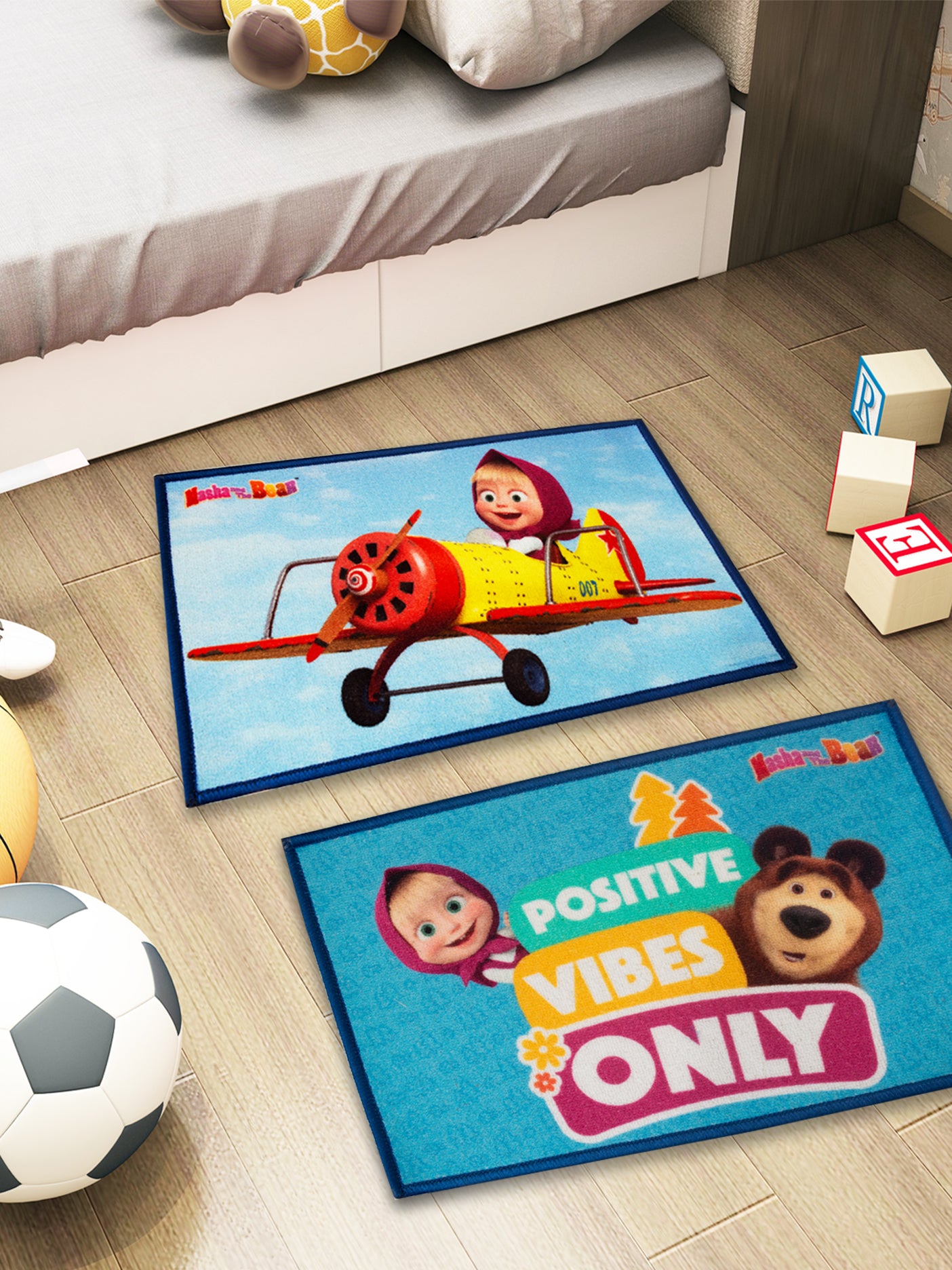 Athom Living Masha and The Bear kids doormat combo pack, 37x57 cm, premium nylon, multi-colored, anti-skid latex backing, positive vibes print.
