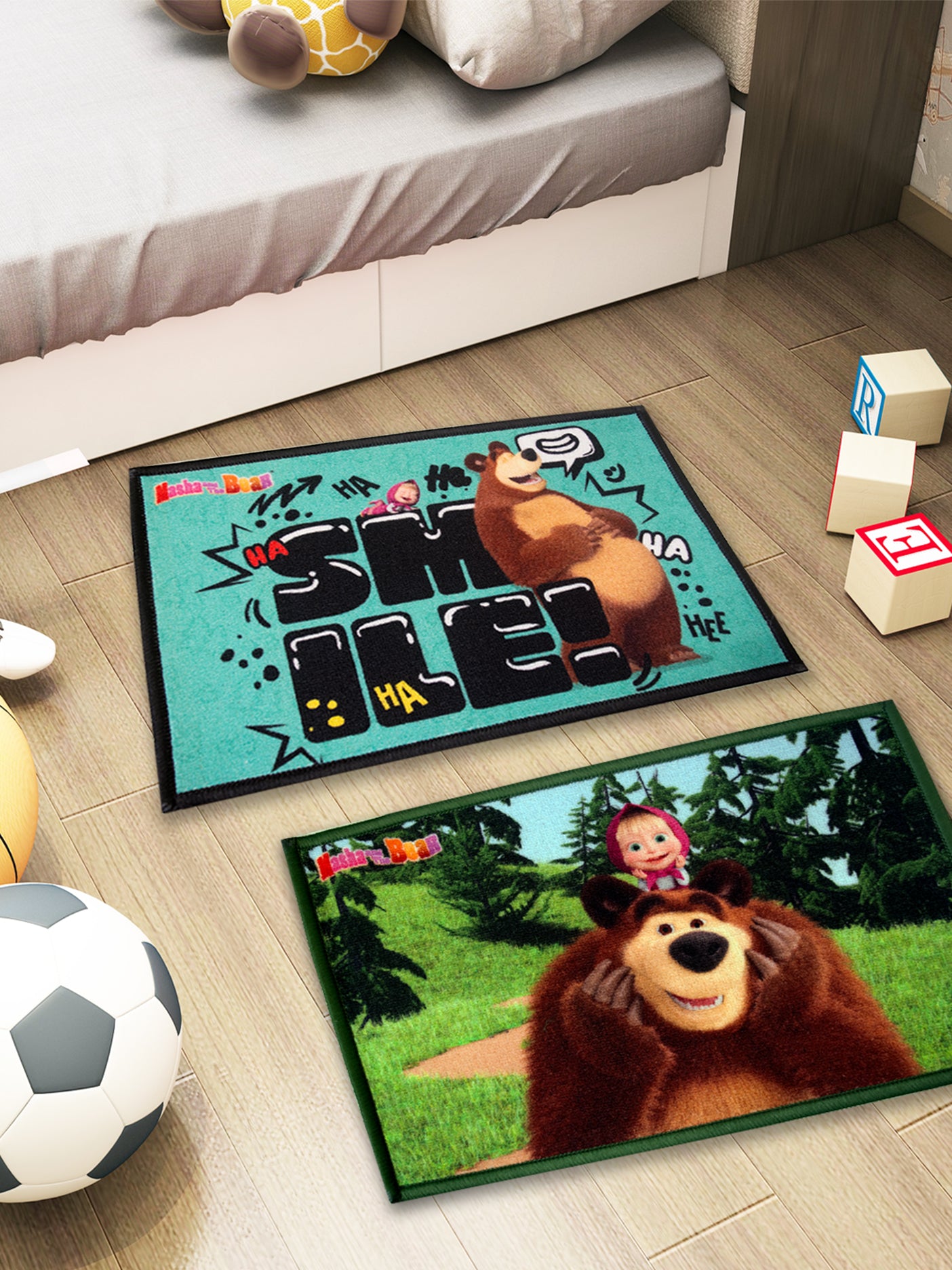 Athom Living Masha and The Bear kids doormat combo pack of 2, 37x57 cm, premium nylon with latex backing, anti-skid, multicolor character printed design.

