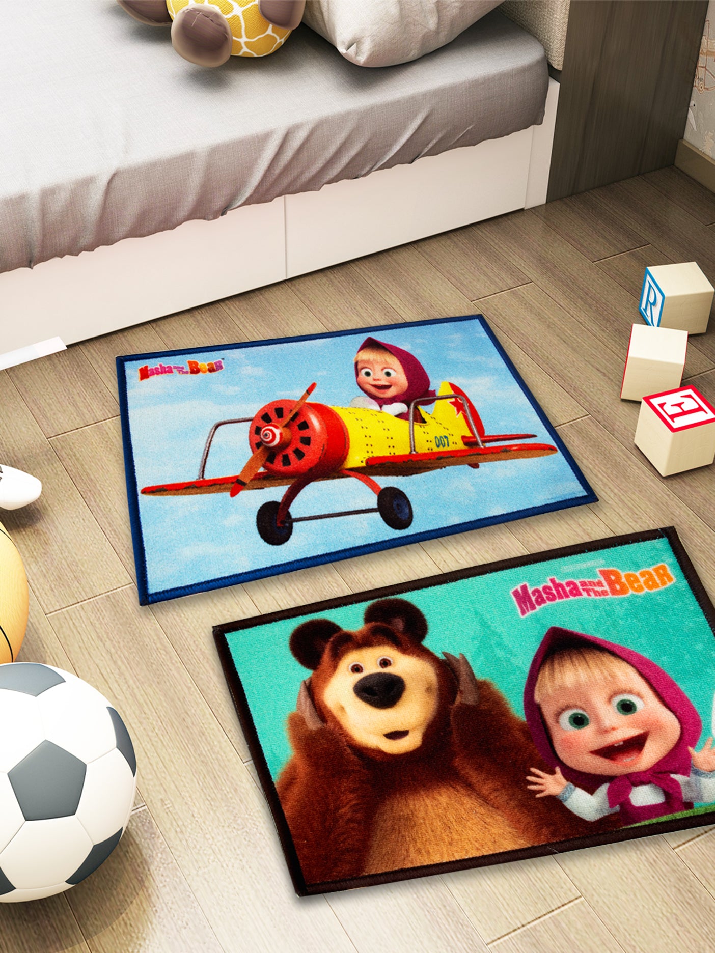 Athom Living Masha and The Bear kids doormat combo, premium nylon with latex backing, anti-skid, colorful 37x57 cm set of 2
