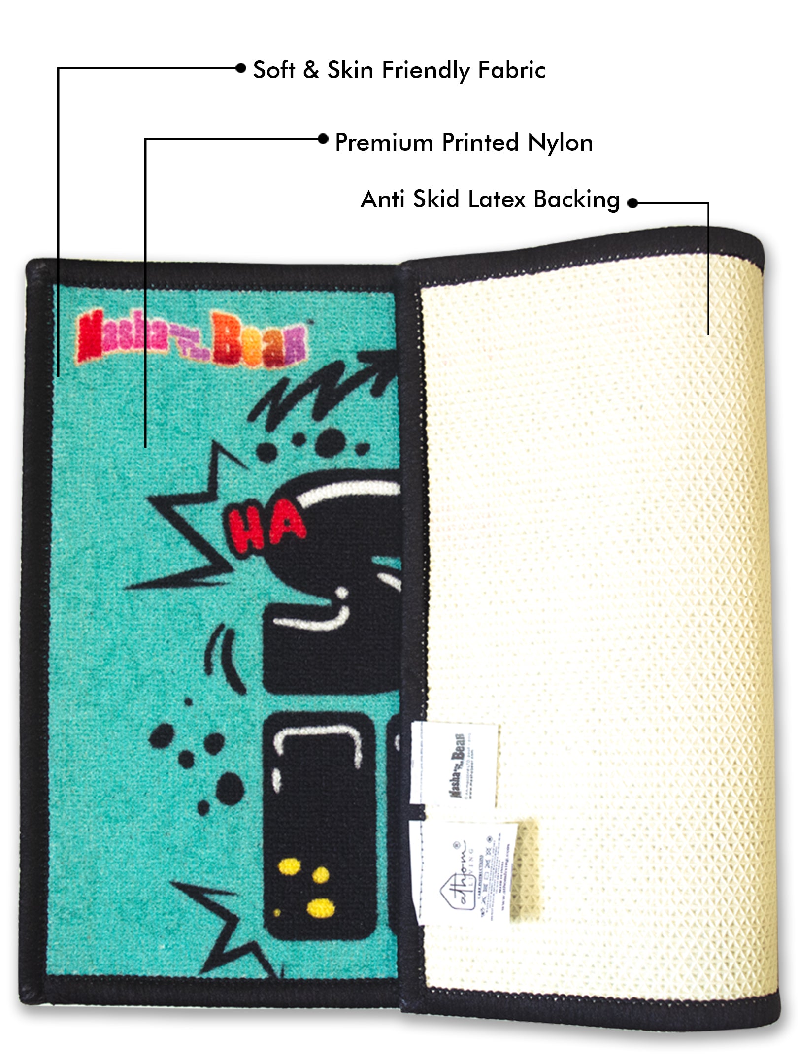 Athom Living Masha and The Bear kids doormat set of 2, multicolor cartoon printed, durable nylon with anti-skid latex, 37x57 cm for kids’ room and entry.
