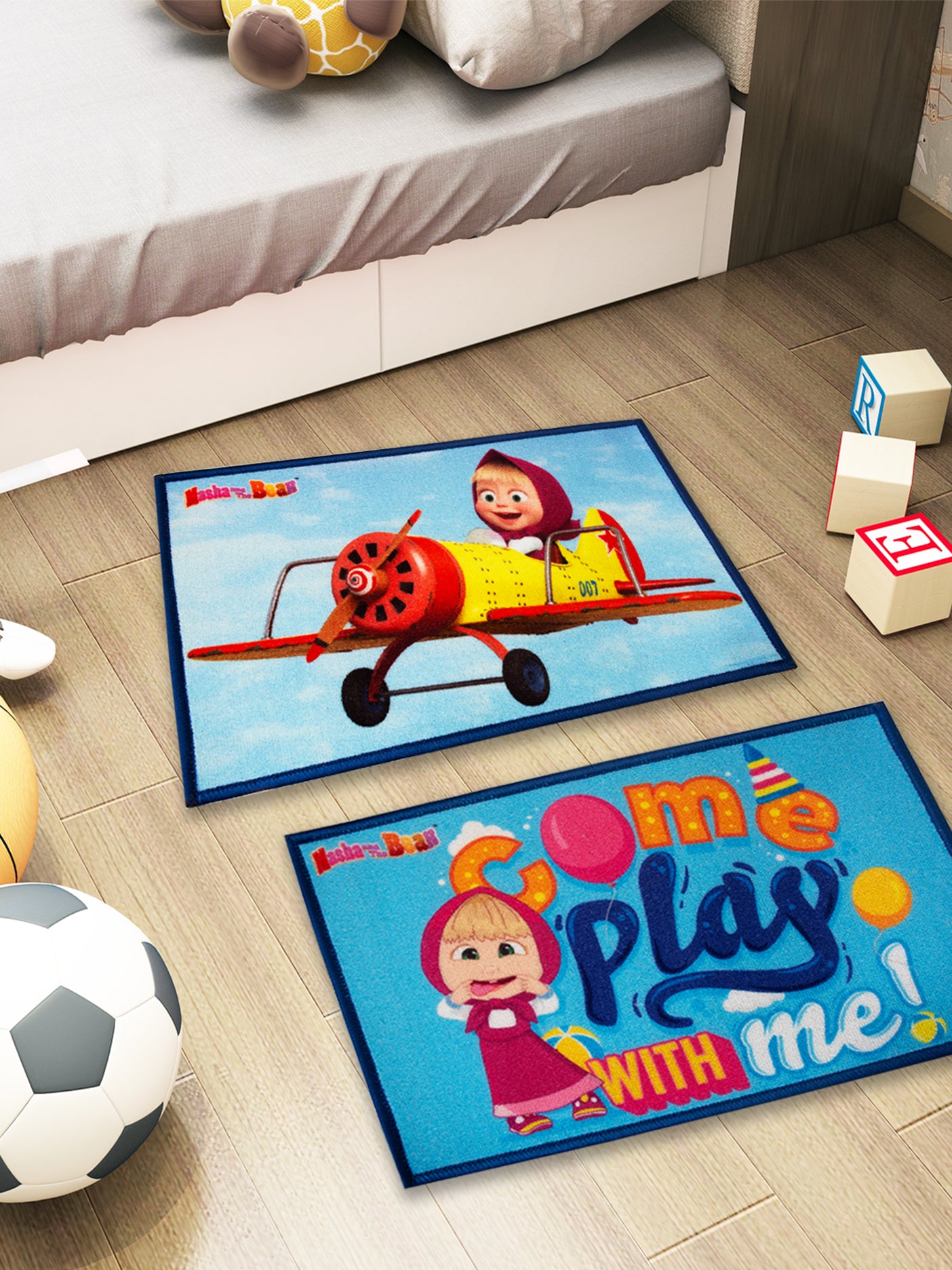 Athom Living Masha and The Bear themed kids doormat combo, multicolor nylon, anti-skid latex backing, 37x57 cm, durable and premium quality.
