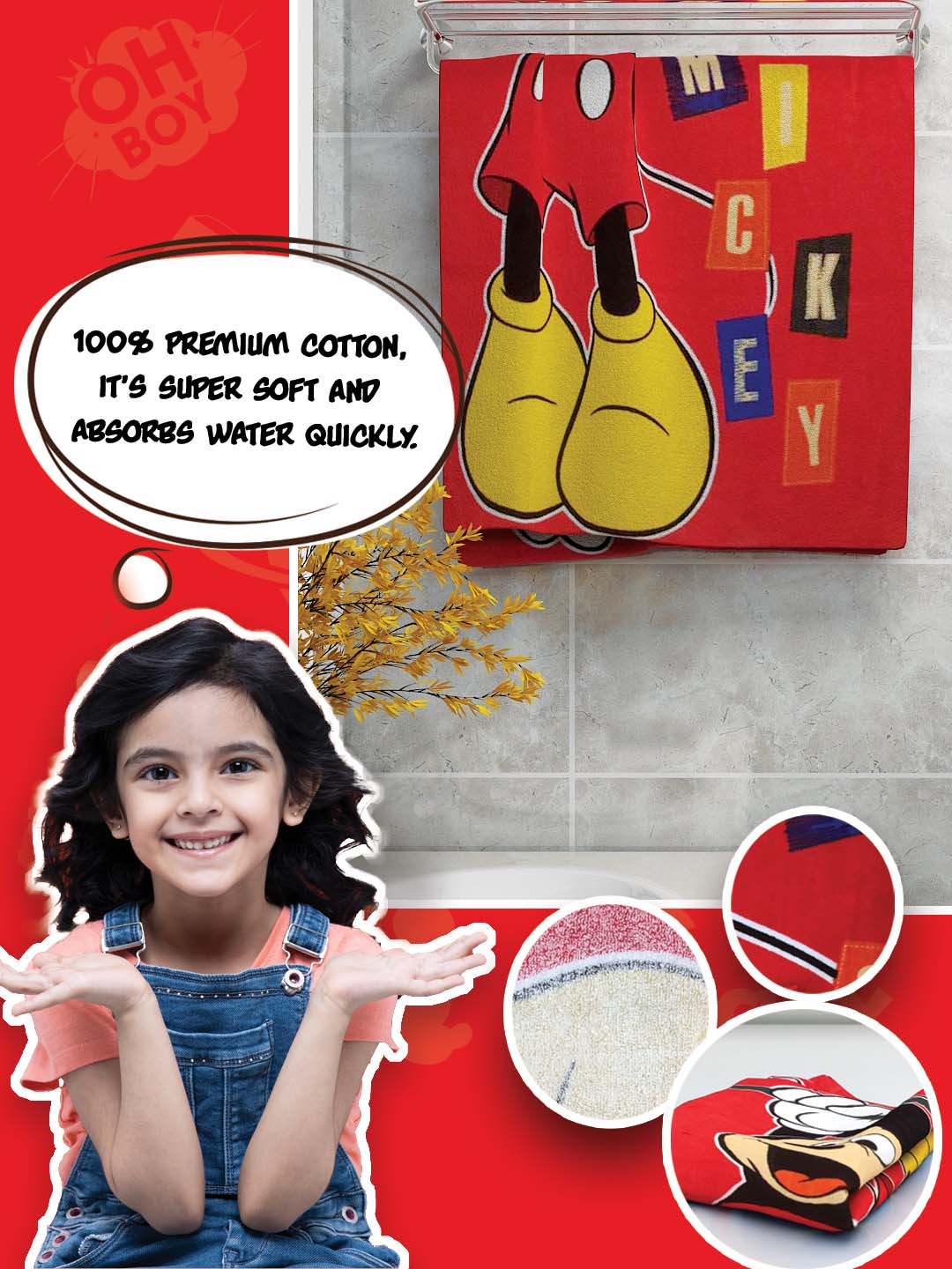 Athom Living Mickey Mouse red kids bath towel, 350 GSM cotton, 60x120 cm – premium absorbency, gentle on skin, fun design for kids.