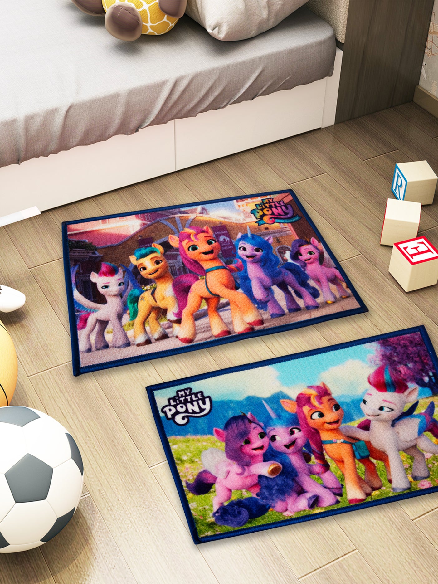 Athom Living My Little Pony funny time themed kids doormats combo set of 2, multicolour premium nylon, anti-skid latex backing, durable and washable.