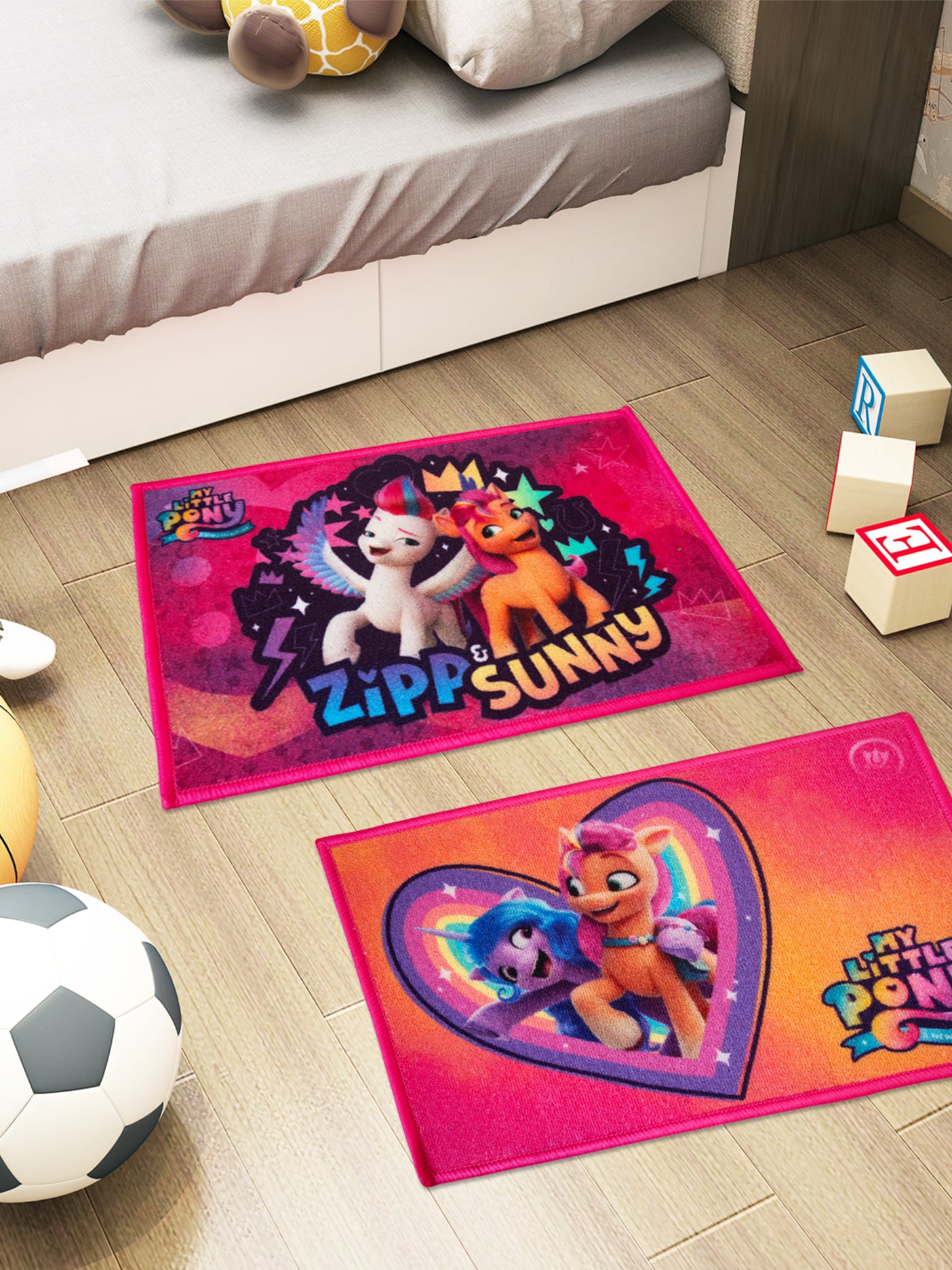 Athom Living My Little Pony heart-themed multicolour kids doormats set of 2 with latex backing, anti-skid design, premium nylon for home décor
