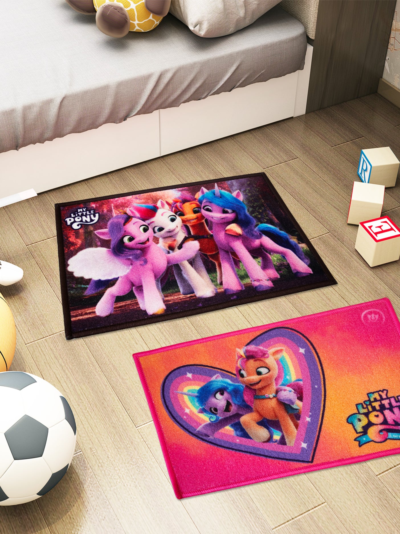 Athom Living My Little Pony heart themed multicoloured kids doormats, premium nylon, anti-skid latex backing, set of 2 for kids rooms décor.