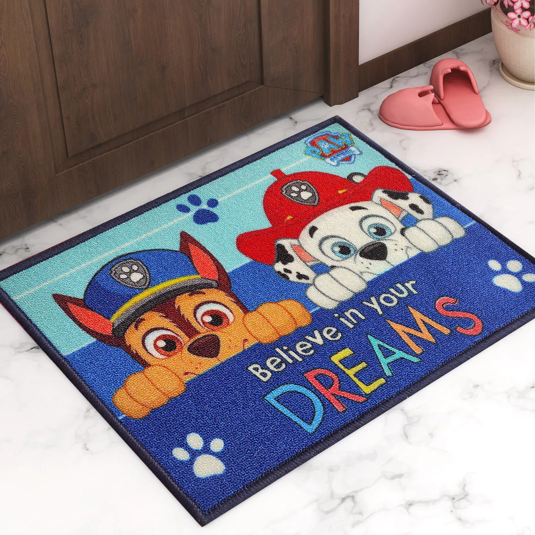 Athom Living Paw Patrol “Believe In Your Dreams” Anti Skid kids Doormat featuring beloved characters, soft texture, sturdy backing, and a child-friendly design ideal for keeping floors secure and stylish.