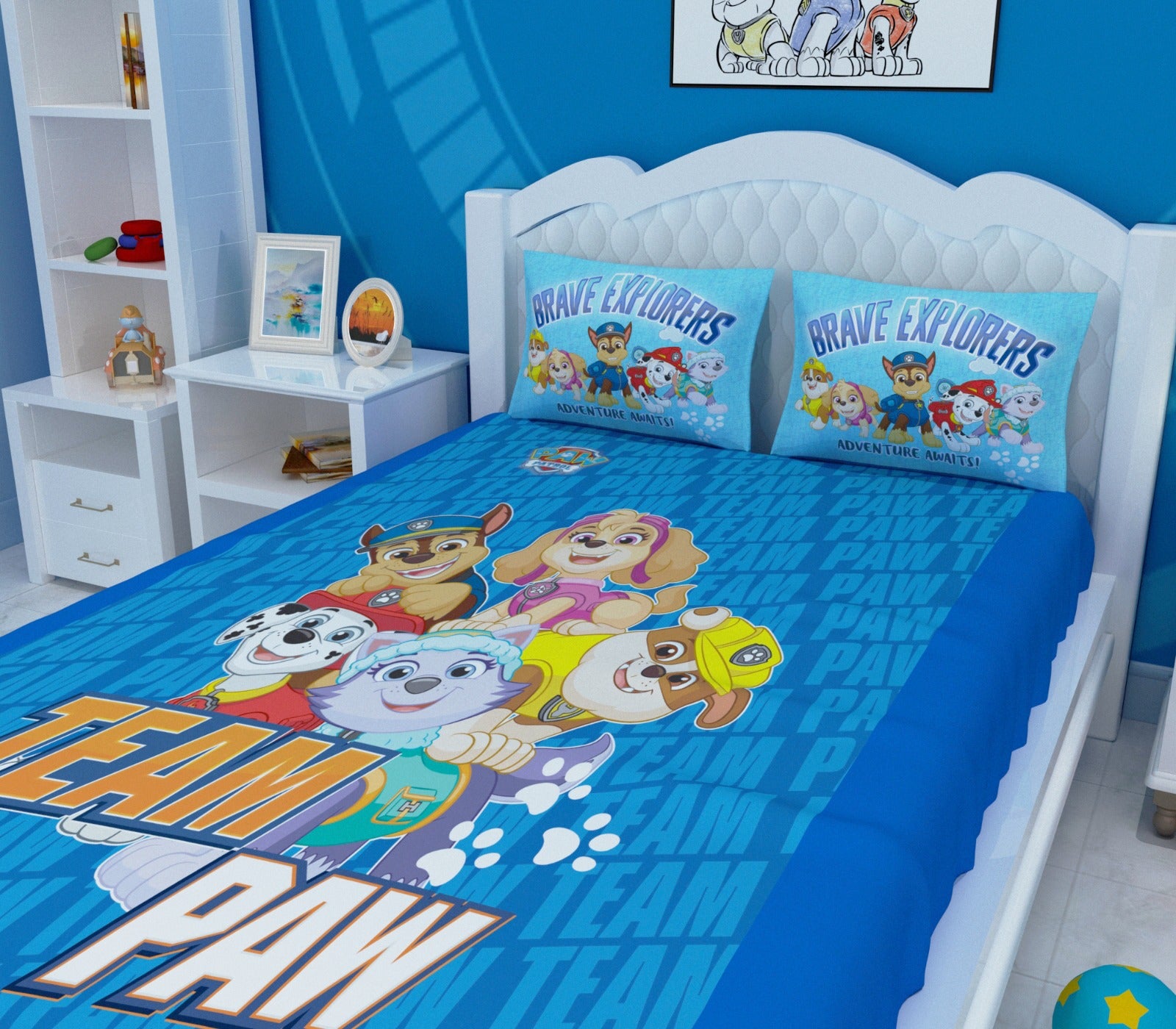 Athom Living Paw Patrol Team Power printed kids bedsheet set with 2 pillow cover made from premium cotton, offering bright character graphics, durable stitching, and a perfect fit for double-size beds in kids’ rooms.