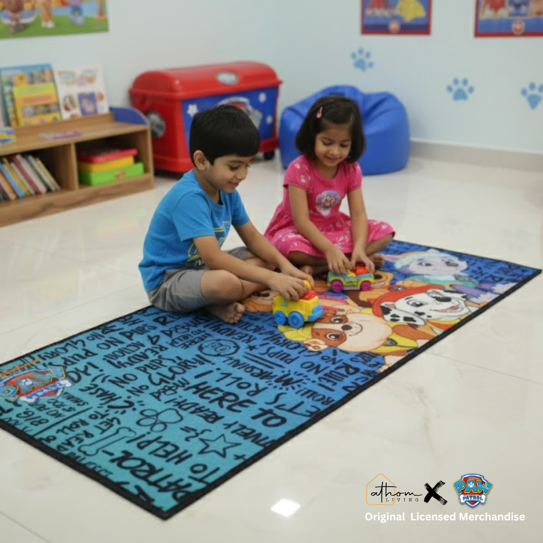 Athom Living Paw Patrol blue themed kids runner carpet with playful characters, vibrant colors, and non-slip backing, ideal for adding comfort and fun to kids’ bedrooms or play areas.