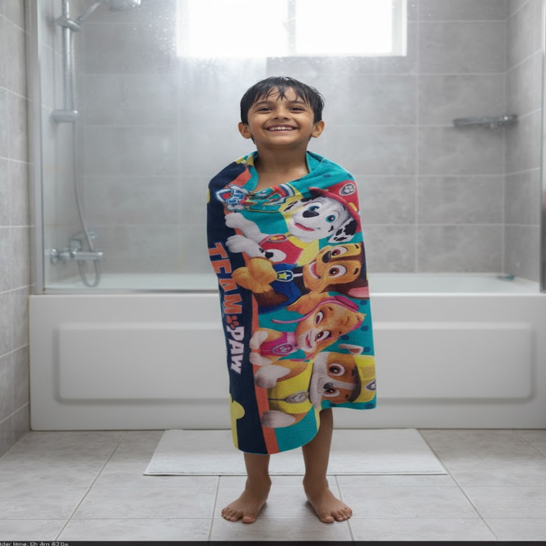 "Athom Living Paw Patrol combo pack featuring a soft kids bath towel and an anti-slip kids doormat. Perfect gift for children, keeping bathrooms tidy while adding playful charm with kids doormat."