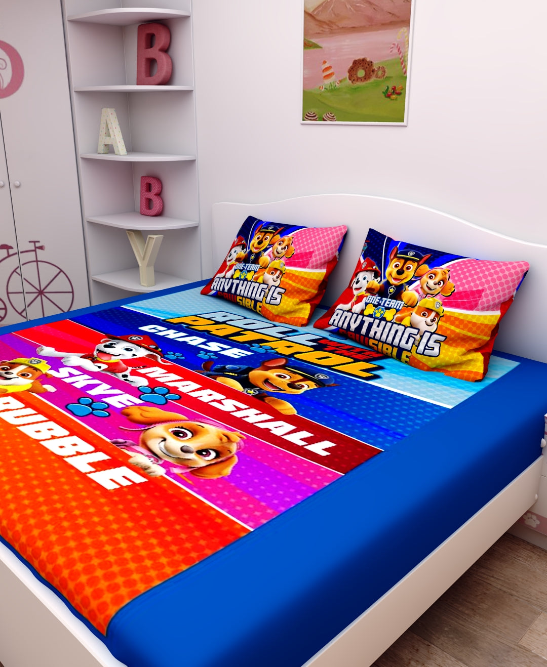 Athom Living Paw Patrol kids Cotton Double Bedsheet Set showcasing fun character prints, soft cotton fabric, and two pillow covers, ideal for brightening up any child’s bedding collection.