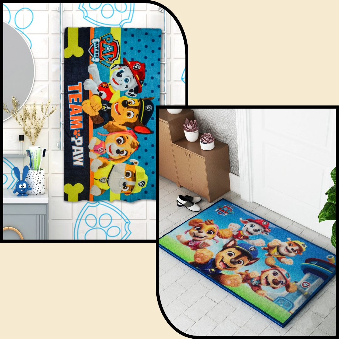 "Athom Living Paw Patrol kids bath towel and kids doormat combo pack of 2, soft and colorful, perfect for your child’s bathroom. Durable kids doormat included for daily use."