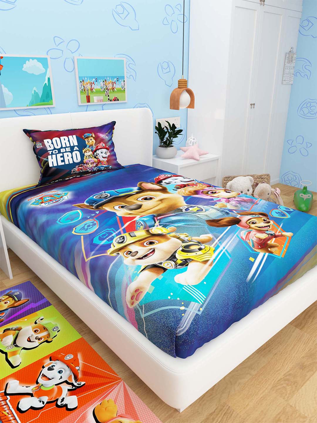 Athom Living Paw Patrol kids cotton single bedsheet with pillow cover, soft and comfortable bedding perfect for kids’ bedrooms, featuring vibrant cartoon prints and durable cotton fabric.