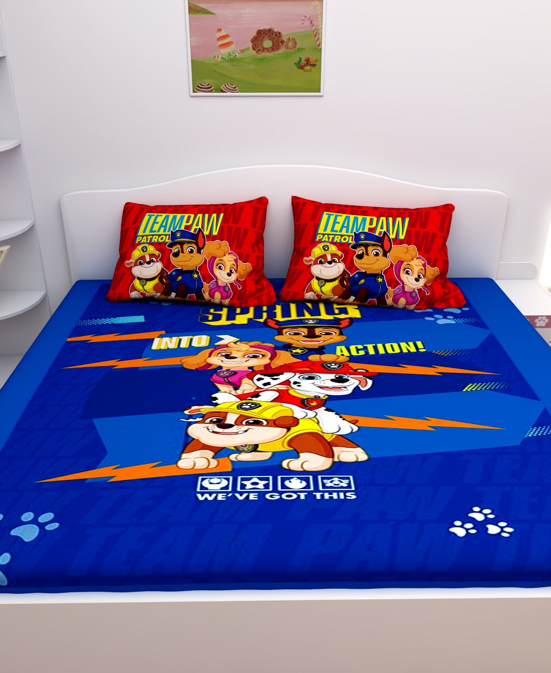 Athom Living Paw Patrol kids double bedsheet with 2 pillow cover made from premium cotton, designed with bold cartoon prints to enhance kids’ bedroom style while ensuring softness, durability, and comfort.