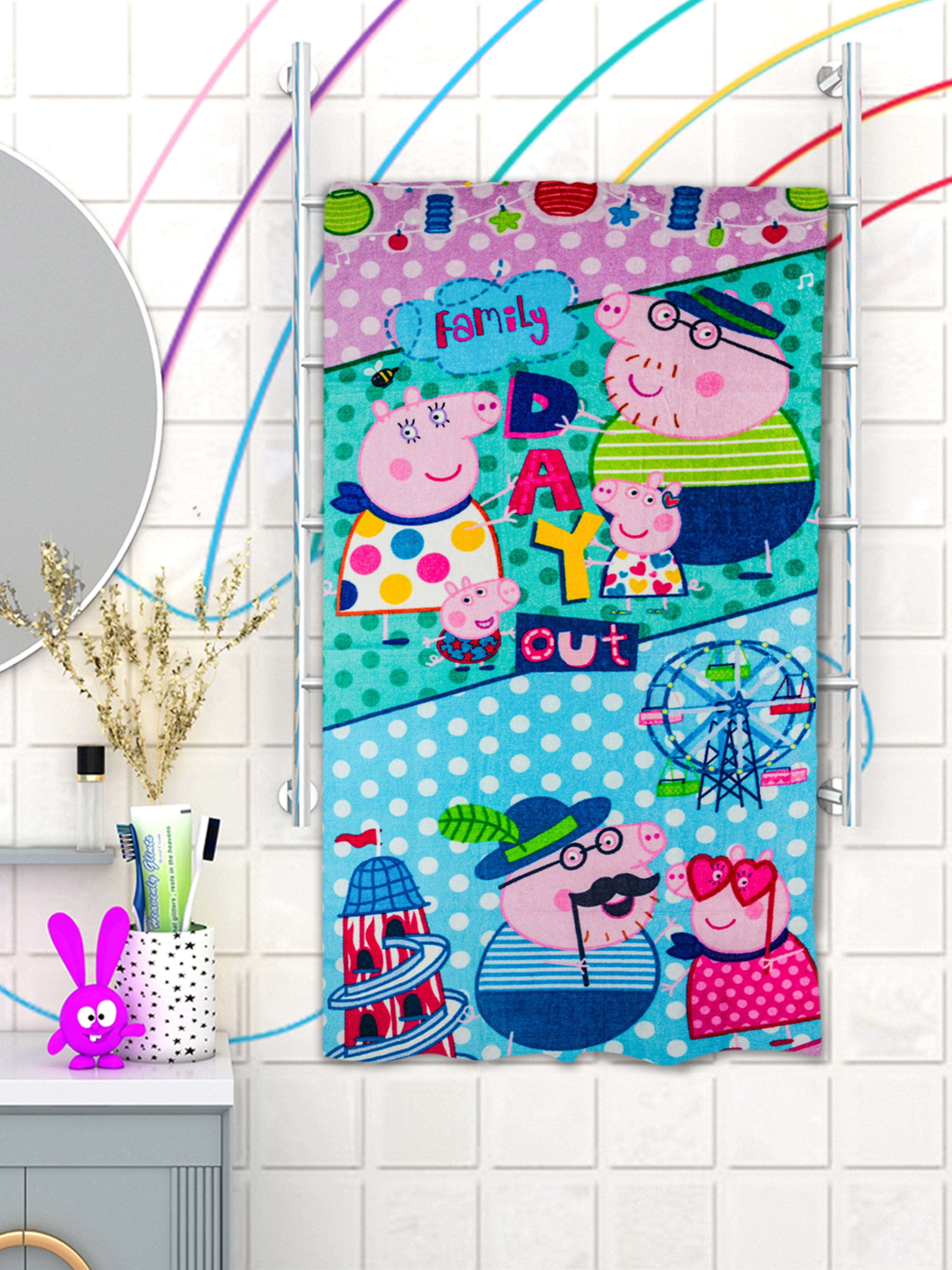 Athom Living Peppa Pig Day Out Kids Cotton Bath Towel 350 GSM designed with bright prints and soft fabric, ideal for children’s bath time. This premium bath towel provides excellent absorbency and gentle skin comfort.