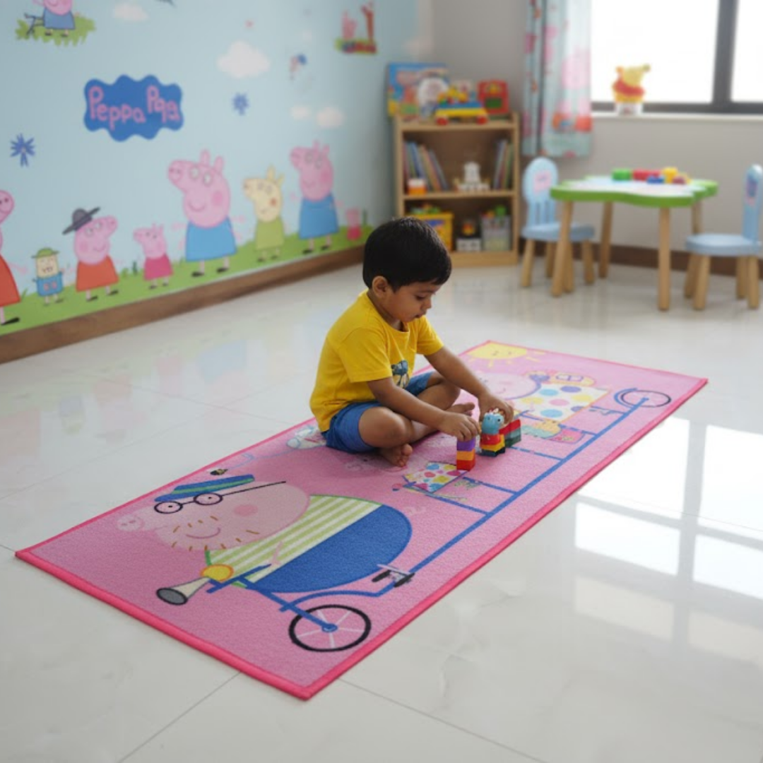 Athom Living Peppa Pig Friday Funday Pink Printed Runner Carpet designed with anti-slip backing and soft fibers. Perfect for children’s rooms, enhancing décor while providing comfort and safety.
