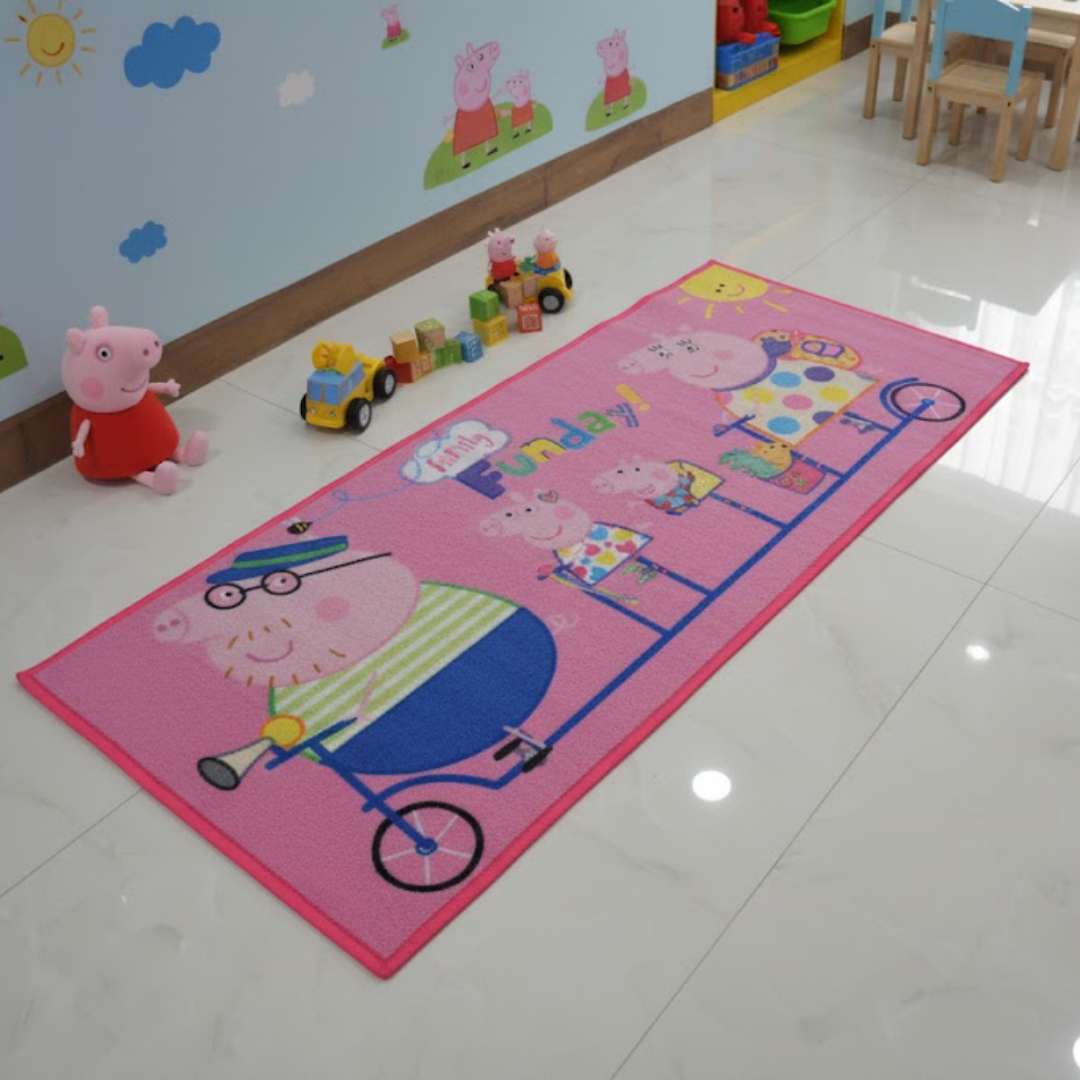 Athom Living Peppa Pig Friday Funday Pink Printed Runner Carpet featuring vibrant prints, anti-skid backing, and soft texture. Ideal for children’s bedrooms or play spaces with a fun, safe design.
