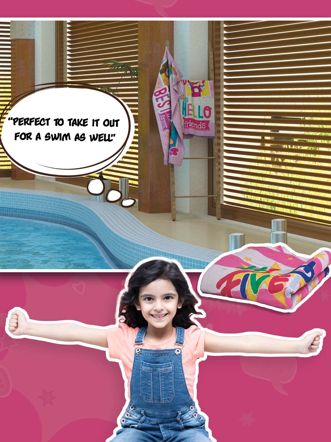 Athom Living Peppa Pig High Five Kids Cotton Bath Towel 350 GSM 60x120 cm featuring fun prints and soft cotton fabric. This bath towel provides a cozy drying experience, perfect for kids’ bath time routines.