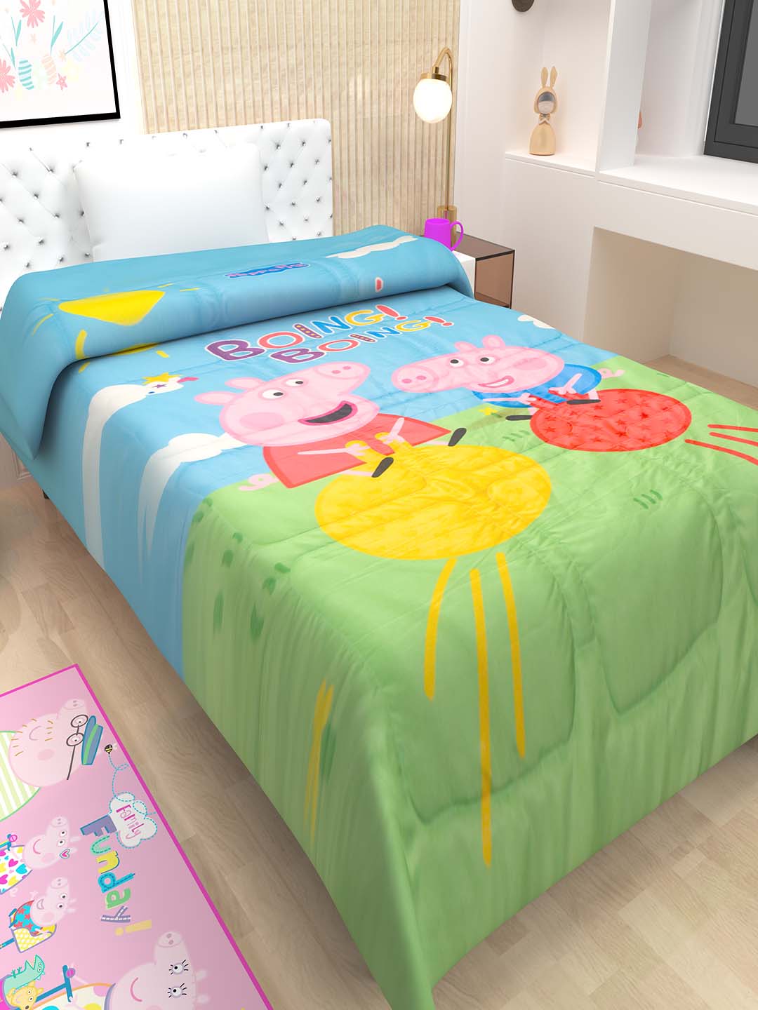 Athom Living Peppa Pig Kids Comforter | Single Bed Comforter with Fun "Boing Boing" Print | Perfect Cozy Bedding for Kids