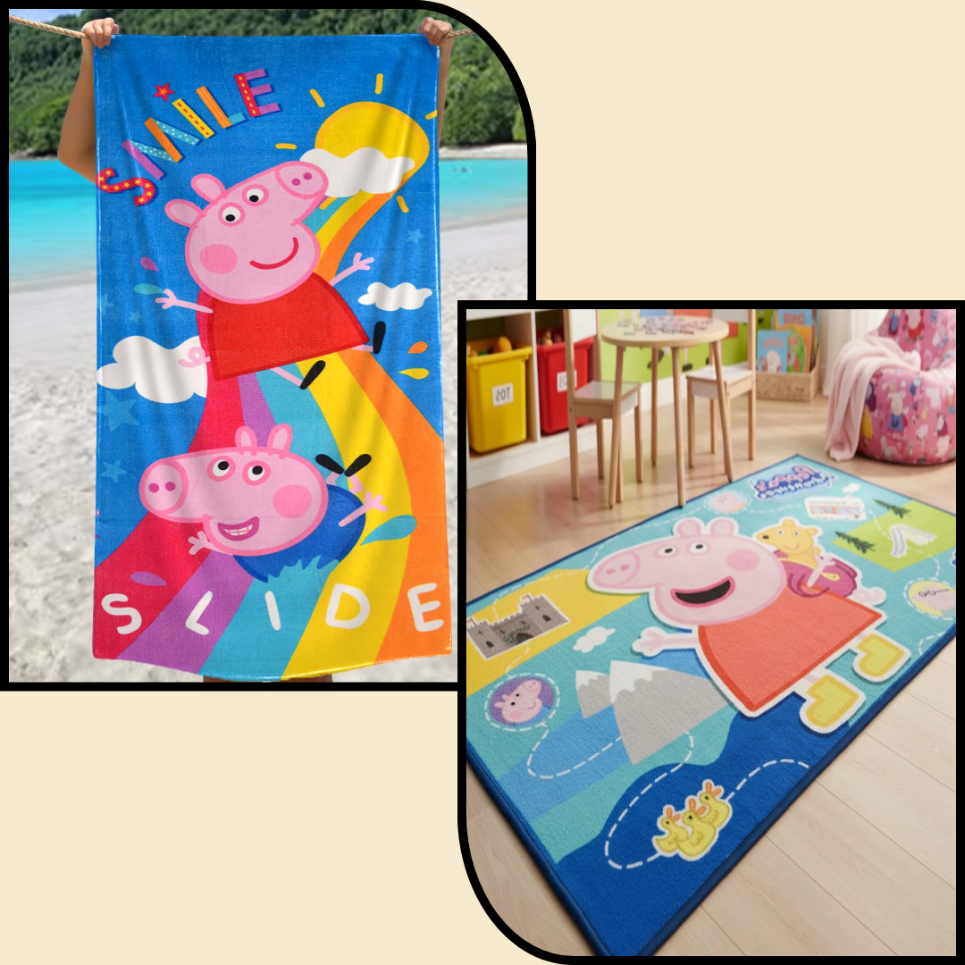 Athom Living Peppa Pig combo-pack featuring a soft kids bath towel and kids carpet designed for comfort and style, perfect for adding fun, color, and durability to your child’s daily routine.