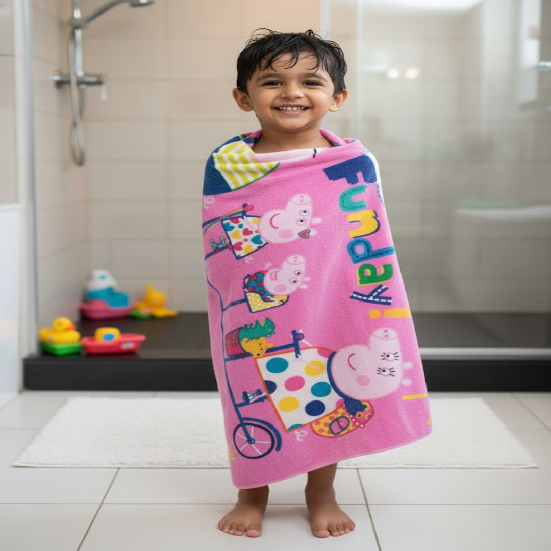 Athom Living Peppa Pig combo of kids bath towel and kids runner carpet featuring soft material, cute character design, and durable quality, perfect for brightening up children’s rooms and bath time.