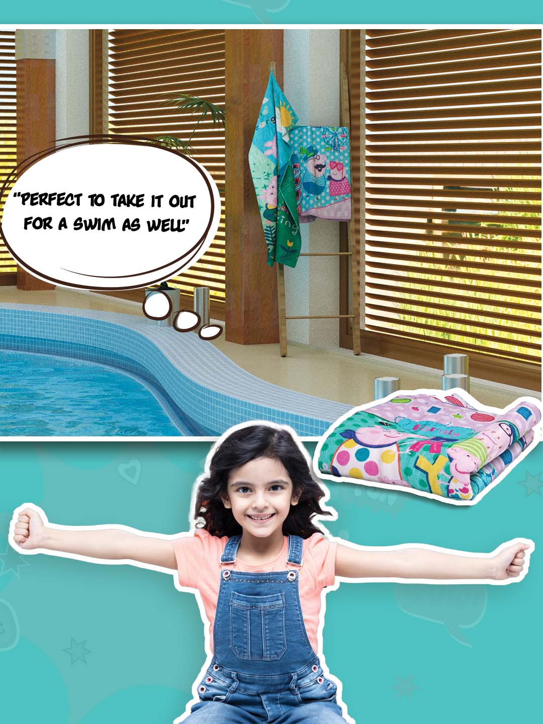 Athom Living Peppa Pig cotton bath towel for kids, 350 GSM, 60x120 cm, bright cartoon print, perfect for toddlers’ bath and beach time.