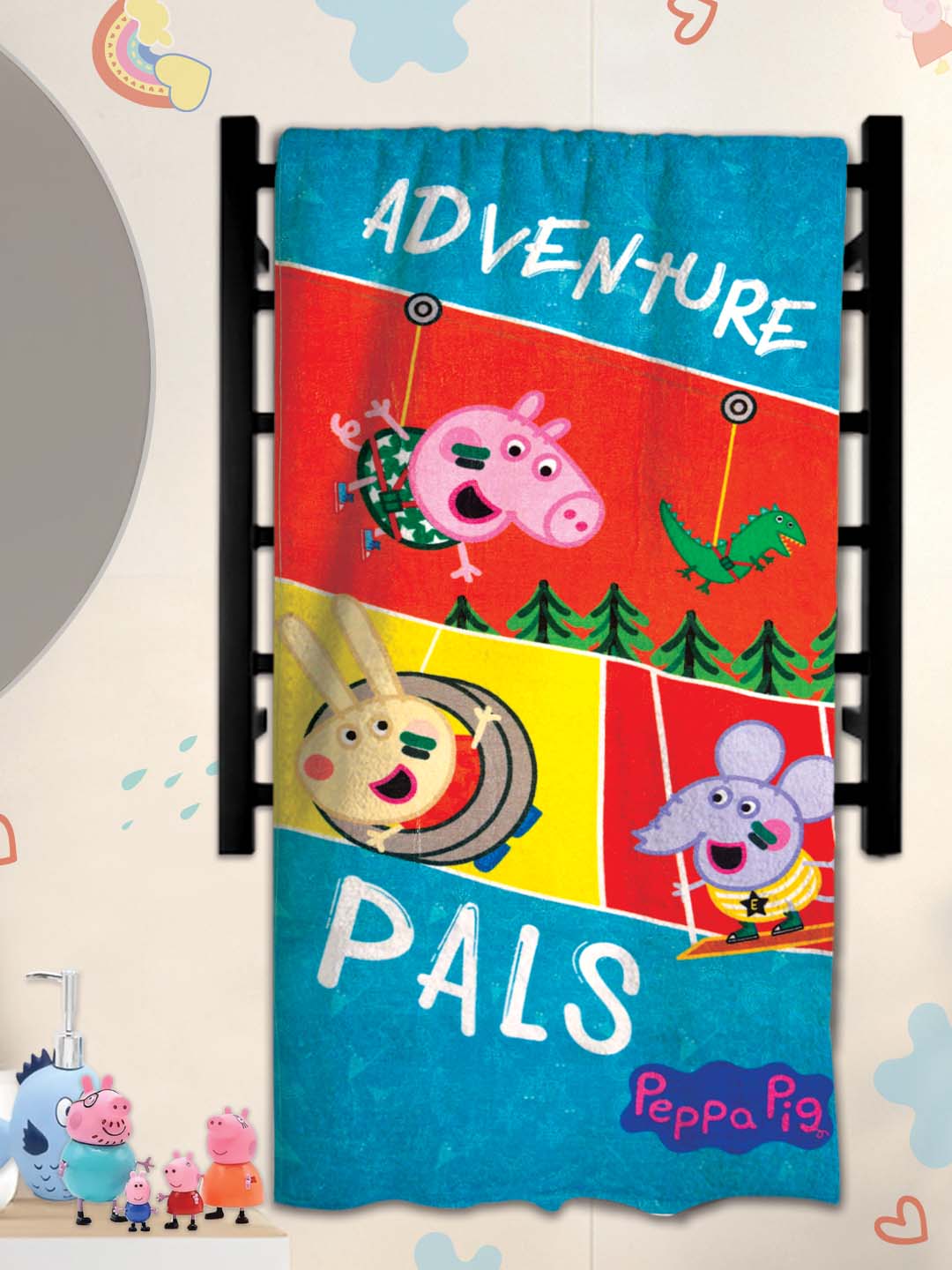 Athom Living Peppa Pig themed kids cotton bath towel featuring Adventure Pals design, ultra-soft, highly absorbent, perfect for toddlers, adds fun to bath time while keeping kids warm and dry.