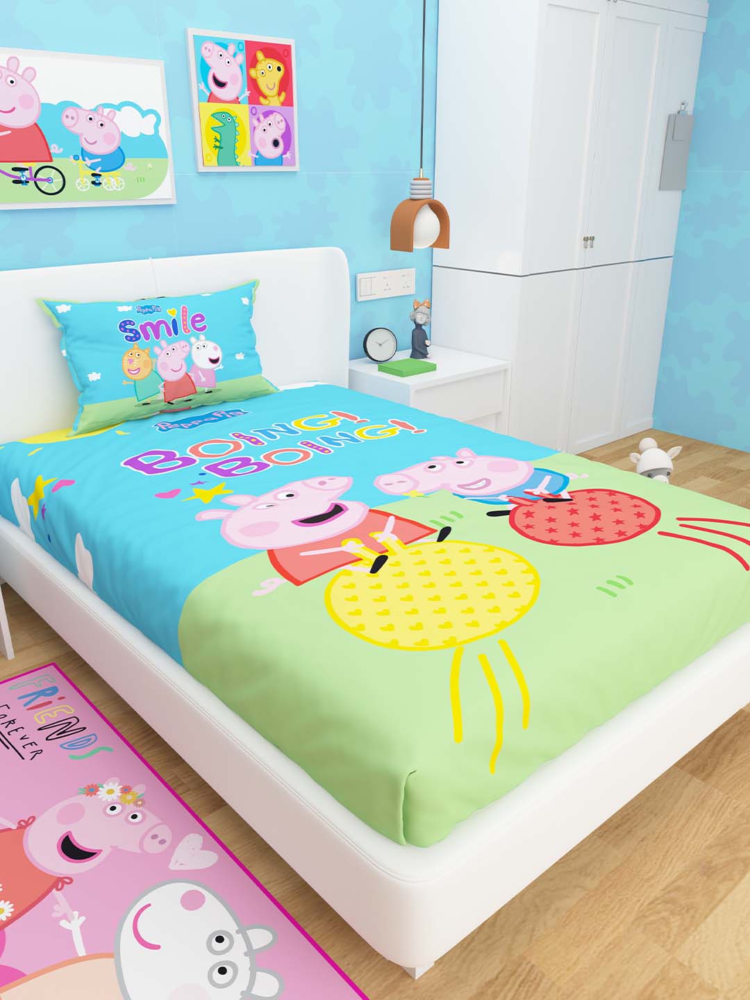 Athom Living Peppa Pig themed kids cotton single bedsheet set featuring soft fabric, vibrant character print and matching pillow cover ideal for playful kids’ bedroom styling and everyday comfort.