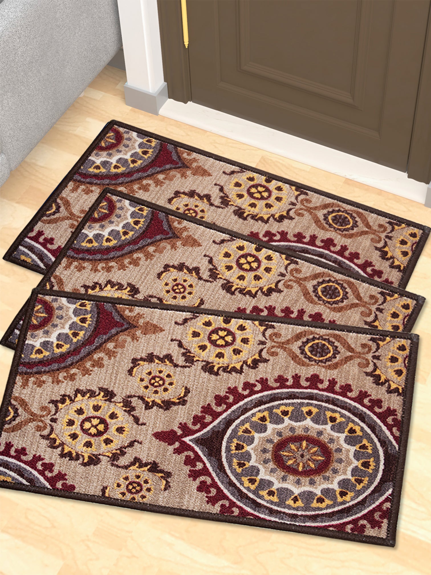 Athom Living Persian Maroon Premium Anti Slip Printed Door Mat Pack of 3, perfect for home entryways, living rooms, and kitchens, soft and durable doormat or bathmat for everyday use.