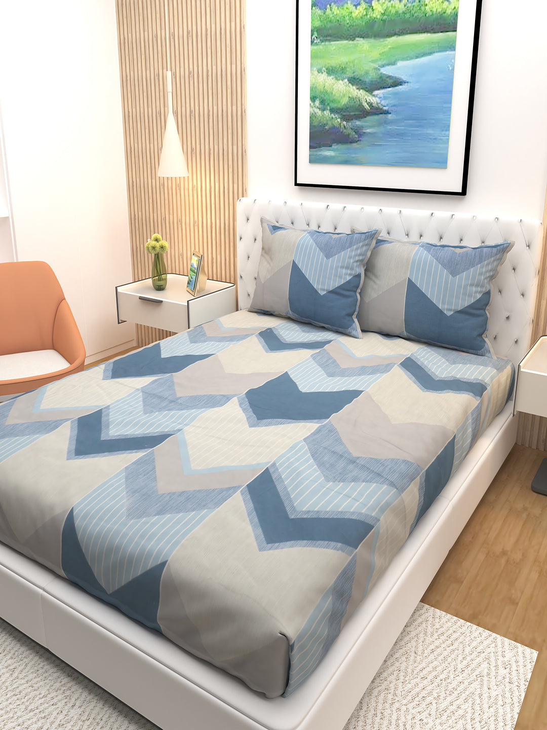 Athom Living Premium Bloom Cream double bedsheet set with two pillows, showcasing a stylish floral design and smooth texture, perfect for modern homes looking for a soft, durable, and elegant bedsheet option.