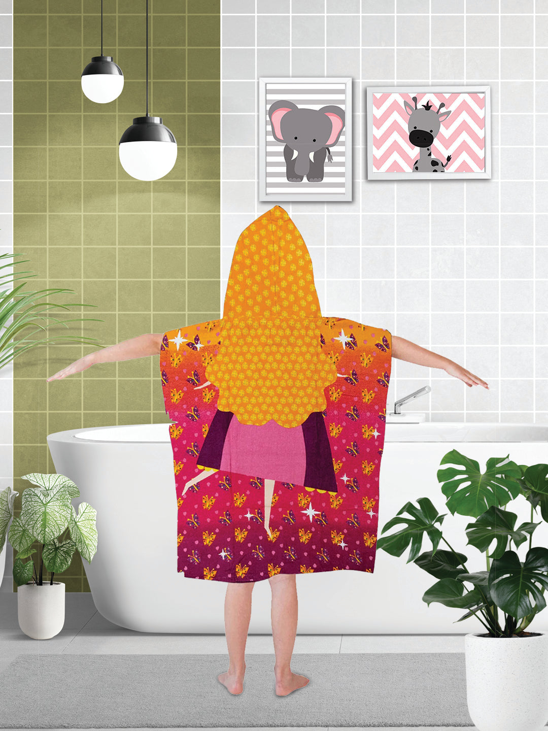 Athom Living Princess Party Kids Hooded Poncho Towels designed with vibrant princess artwork, made from gentle fabric ideal for kids after swimming or bathing, providing warmth, quick drying, and cozy coverage.