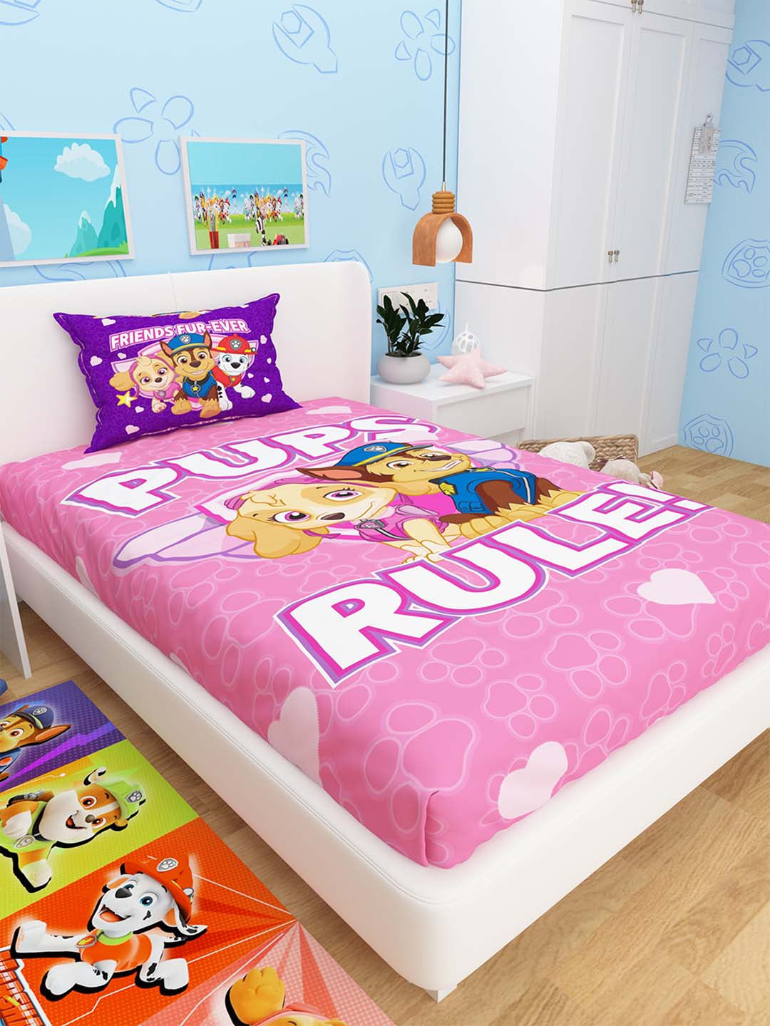 Athom Living Pups Rule Paw Patrol kids cotton single bedsheet featuring vibrant designs and a soft pillow cover, ideal for creating a playful and comfortable sleeping space.