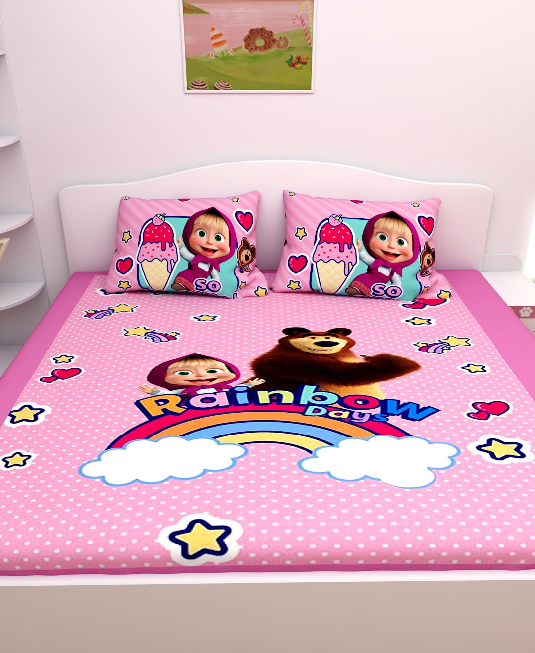 Athom Living Rainbow Bags Masha and The Bear kids double bedsheet with 2 pillow cover showcasing lively characters, durable cotton material, and a cheerful multicolour theme ideal for enhancing any child’s room.