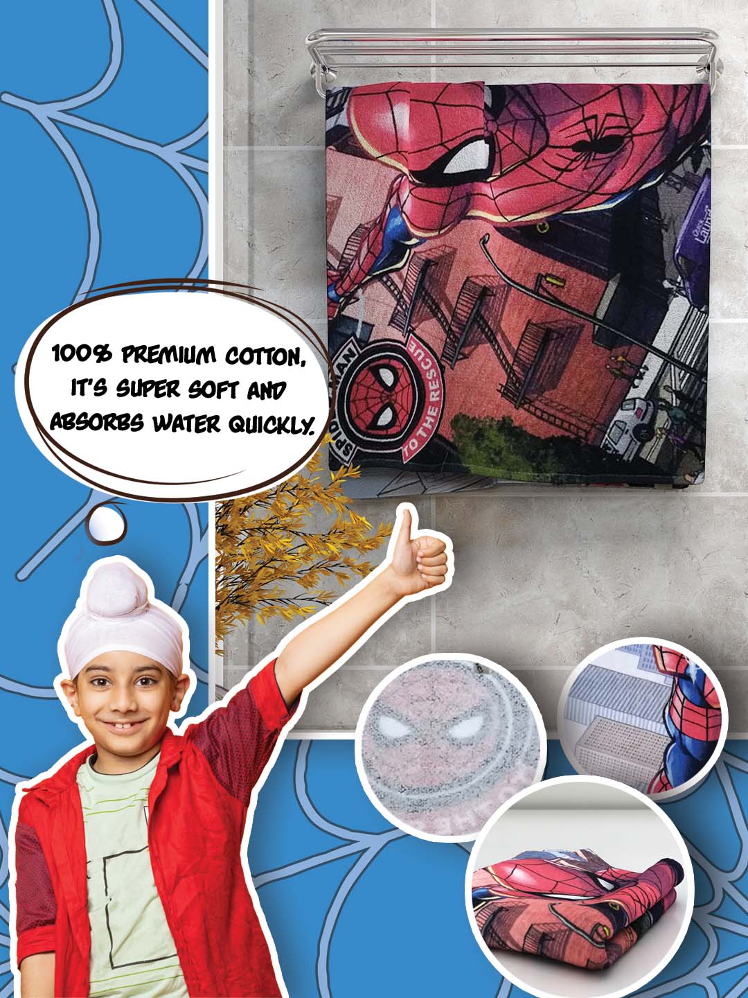 Athom Living Spiderman Kids Bath Towel – Marvel red cotton towel 350 GSM, lightweight, absorbent, 60x120 cm, perfect for everyday bath time use.
